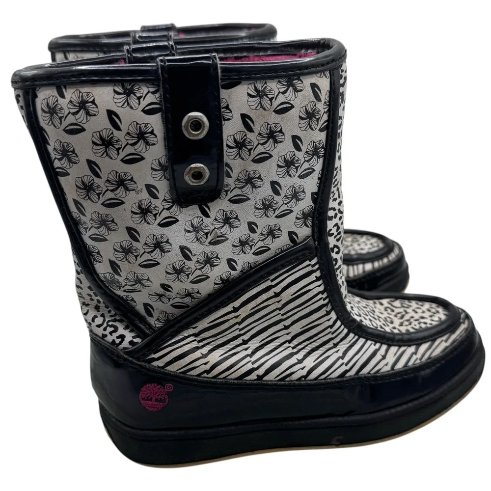 Timberland Girl’s Black and White Print with Pink Accents Snow Boots - Size 11